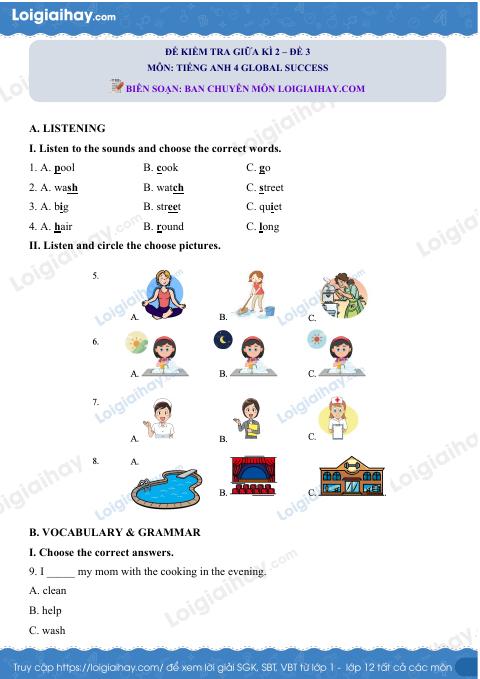 Đề thi giữa kì 2 Tiếng Anh 4 Global Success - Đề số 3